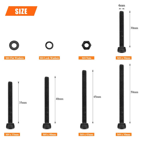 M4 Hex Socket Head Cap Screws Kit With Nuts, Washers And Black Oxide Finish, 200 Pcs, Sizes 30mm, 35mm, 40mm, 45mm, 50mm