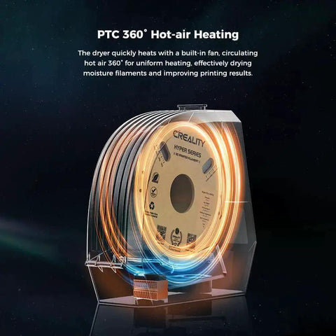 Space Pi Filament Dryer With Spool Holder, Fast Drying Tech, showcasing dual 360 degree heating zones and powerful fan inside.