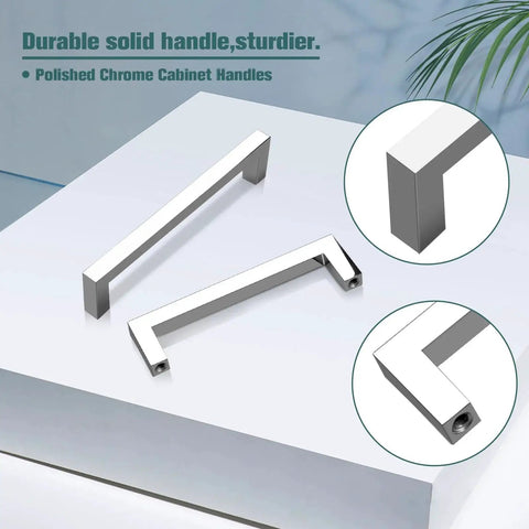 5 Pack Polished Chrome Cabinet Pulls Solid Zinc Alloy Drawer Pulls Square Bar Kitchen Cupboard Handles For 5 Inch Center Hole