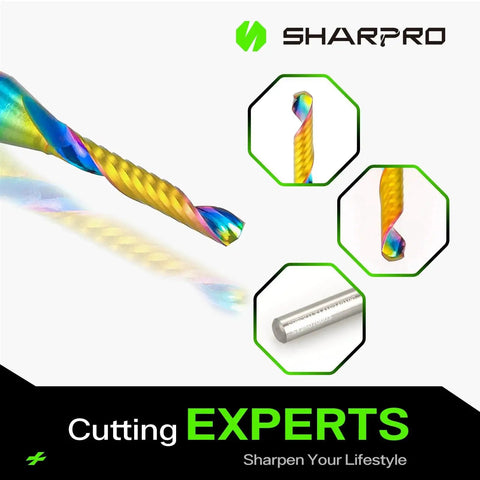 O Flute Upcut Spiral Router Bit For CNC Sharpro Carbide shown with multi-angle views, colorful spiral design, 1/4 inch shank.