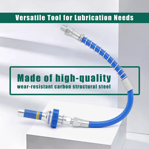 Amazon blue lock-on grease gun coupler with metal fittings and hose for high-pressure lubrication.
