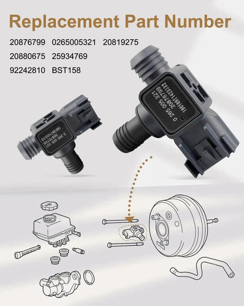 Power brake booster pressure sensor pair for GM vehicles; two black sensors with electrical connectors, part 20876799.