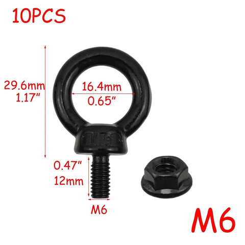 10 Pack M6 Lifting Eye Bolts In Black Stainless Steel With Lock Nuts For Heavy Duty Rigging, dimensions detailed, for hammocks and swings