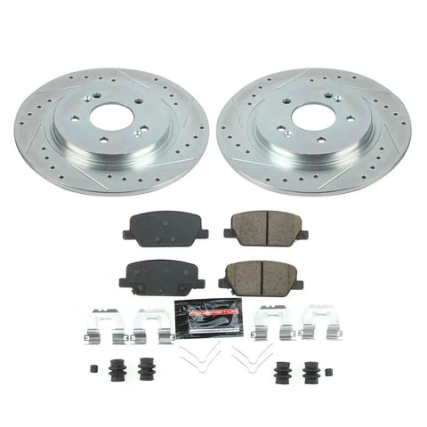 Top view of PowerStop rear brake kit with drilled and slotted rotors and ceramic pads.
