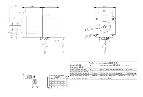 JTXSF 12V 4-lead permanent magnet brake stepper motor, 40 Ncm, front and side technical views