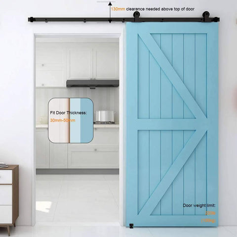Installed Five And Half Foot Sliding Barn Door Hardware Kit With Adjustable Floor Guide And Top Mount Track For Barn Wood Doors Durable Steel Construction With Nylon Wheel Hangers For Smooth Quiet Operation Frosted Black Finish Fits One And Three Eighths Inch Doors