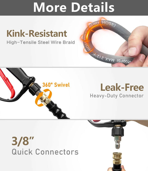 NAVOHEVEN 50ft 4000 PSI Pressure Washer Hose, kink-resistant steel braided, gray non-marking rubber, 3/8" quick-connect, M22 fittings