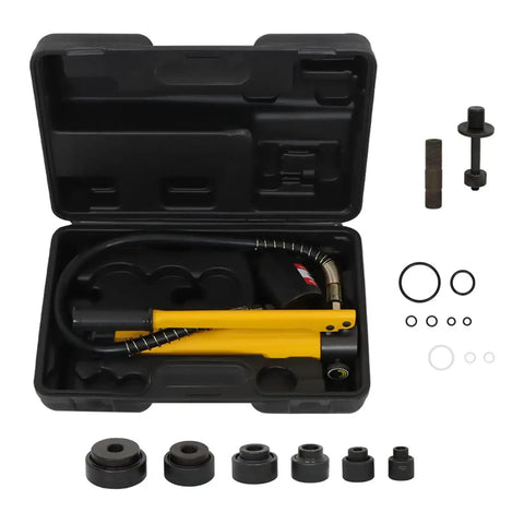10 Ton Hydraulic Knockout Punch Kit With Six Dies For Electrical Conduit Hole Cutting shown in portable case