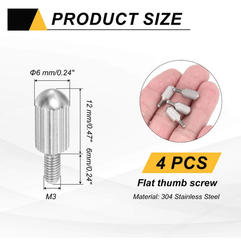 4 Pack Knurled Thumb Screws M3 X 6mm Stainless Steel 304 Flat Head Knurled Grip Bolts with size diagram and hand holding screws.