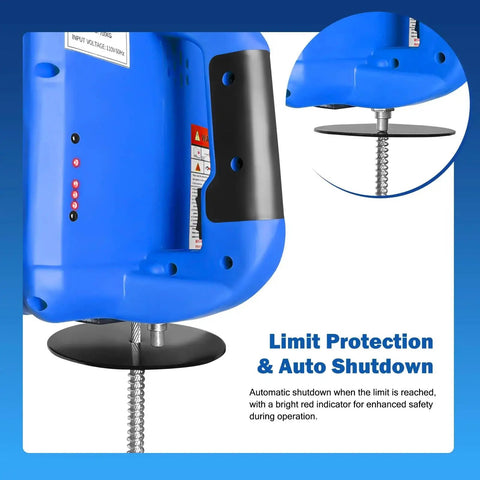 Electric Hoist Winch 1540 Lb Capacity With 1500W Power, blue housing, focus on auto shutdown and limit protection features.