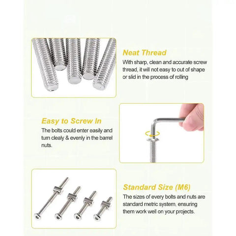 All In One Heavy Duty Crib And Furniture Screw Kit With M6 Bolts In 40 50 60 70 80 Mm And Barrel Nuts, rust-resistant and zinc-plated