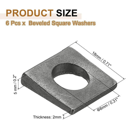 Beveled Square Washers Set 6pcs 9x18mm Carbon Steel Heavy Duty 2mm Thick 5mm High Flat Pad Spacers For 8mm Bolts Leveling Fasteners Wedge Shim Bearing Strut Plate Black