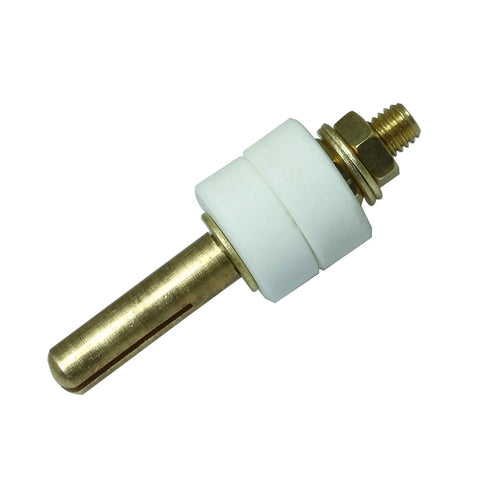 Ceramic terminal with white sleeve and copper heating rod, brass threaded connector, side view