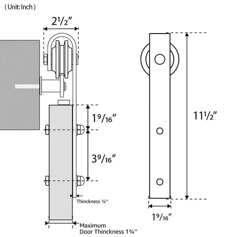 Technical diagram of Sliding Barn Door Hangers J Shape 2 Pack Black Solid Steel With POM Wheels 170 Lb Capacity Fits 1 3 8 Inch To 1 3 4 Inch