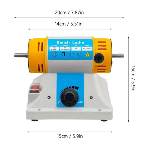 Front view of Pro Grade Bench Top Polisher And Grinder For Sanding Grinding And Polishing With 320W Motor And Variable Speed 800 To 10000 RPM 110V Yellow Industrial Tool