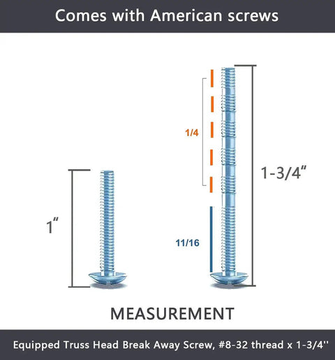 Image showing measurements of American screws included with 10 Pack 4.5 Inch Center To Center Bail Drawer Pull Antique Brass Swing Dresser Handle.