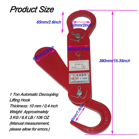 Automatic Decoupling Lifting Hook With Thickened Alloy Steel For Forklifts, showing dimensions and weight, red color