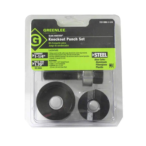Round Knockout Punch 1 Inch Capacity For Mild Steel Up To 10 Gauge, in packaging with components visible, suitable for electricians.