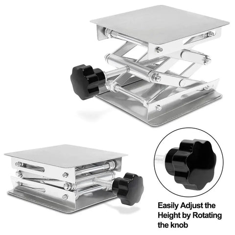 Stainless Steel Lab Jack Scissor Stand 4x4 Platform With Adjustable Height shown from side view, featuring rotating knob.