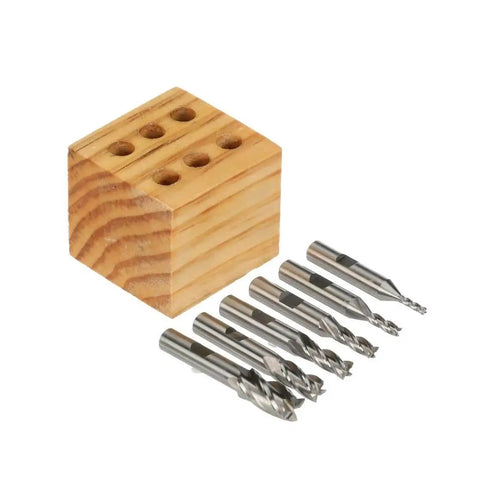 Premium 6 Piece 4 Flute High Speed Steel End Mill Set With Weldon Shank 3/8 Inch Center Cut Includes 1/8 3/16 1/4 5/16 3/8 And 1/2 Inch Sizes Stand Included For CNC Milling Tools shown with wooden stand.
