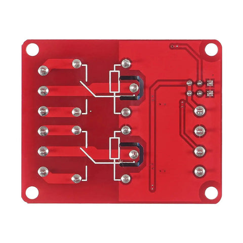 Back view of Two Channel 12V Relay Module With Optocoupler Isolated Trigger, circuit board featuring solder points and red PCB design.