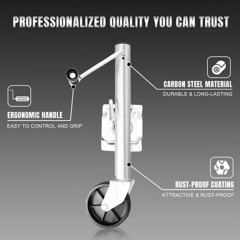 Heavy Duty Bolt On Trailer Tongue Jack With Wheel 1000 Lbs 10 Inch Lift For RV, showing ergonomic handle and rust-proof coating.