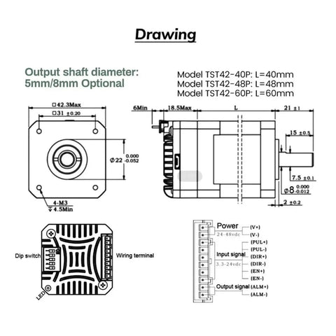 Technical drawing of Nema17 Closed Loop Stepper Motor With Encoder, 42mm Size, showing dimensions and wiring details.