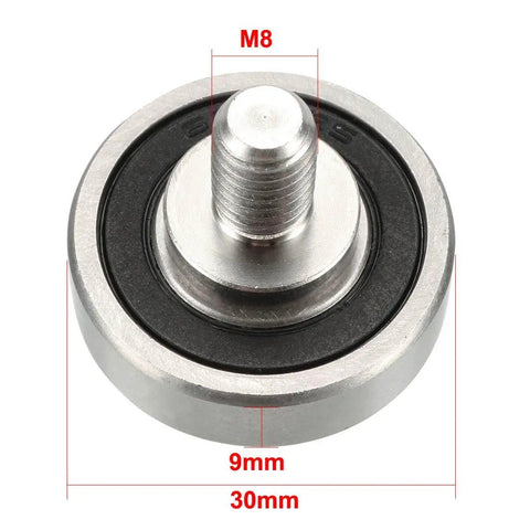Close-up of Bearing Roller With Threaded Rod 30x9mm M8x12mm for Sliding Door Track Guide, showing dimensions and smooth stainless steel finish.