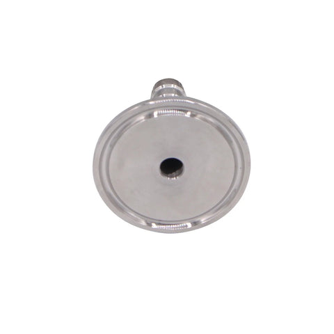 Stainless steel 1.5 in tri-clamp to 0.5 in hose barb adapter, SUS304, front view.