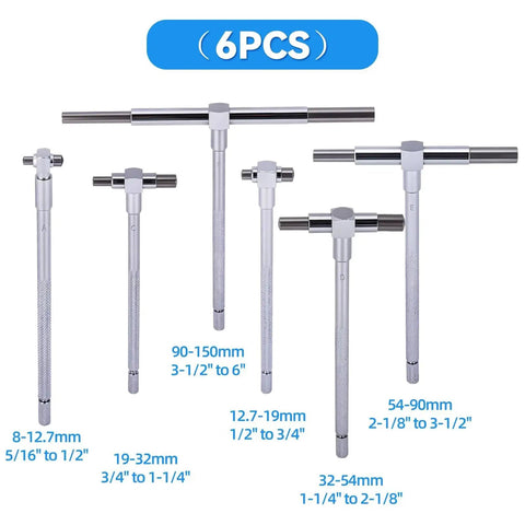 Six Piece Bore Hole Gauges Set 5/16 To 6 Inches With Smooth Action Telescoping Gauge And Lock High Precision T Gauge Kit