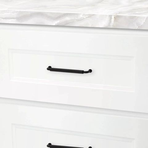 Hollywood Hills 4486 Cabinet Pull 6 Inch Center To Center Solid Brass Hardware installed on kitchen drawer in white finish