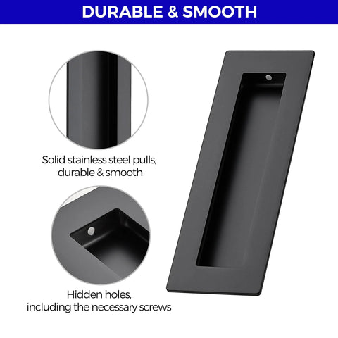 Two Pack Pocket Door Handles 5.9 Inch Rectangular Recessed Pulls For Sliding Closet And Barn Doors Black Flush Finger Pulls Stainless Steel 304 Solid Metal Durable Hardware With Smooth Operation, showcasing close-up of black handle design and hidden screws.