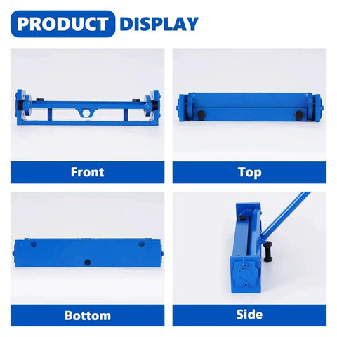 Four views of 7.87 Inch Steel Bending Brake Manual Sheet Metal Bender For 0 To 90 Degrees, showing front, top, bottom, and side angles.