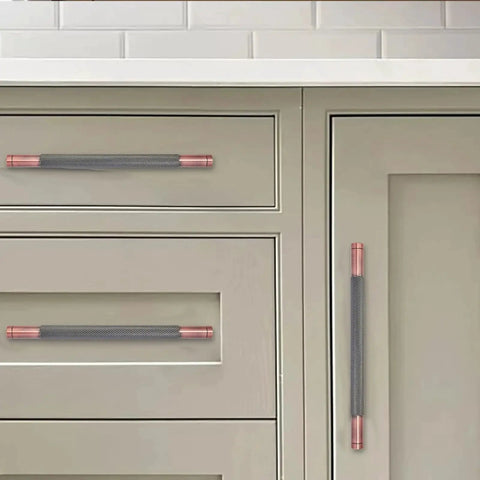 10 Pack 5 Inch Aluminum Knurled Brushed Antique Copper Cabinet Pulls Center To Center 128mm installed on kitchen drawers and cupboards