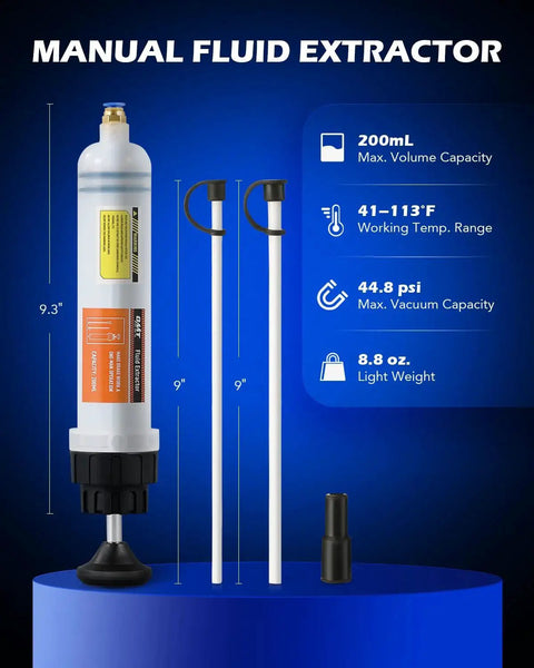 200mL Manual Fluid Extractor And Filler Syringe Style Pump with hoses and specifications displayed on a blue background