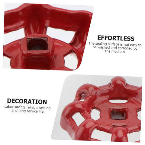Close-up of red cast iron shut off valve knob with square base, featuring tips on effortless sealing and decoration benefits.