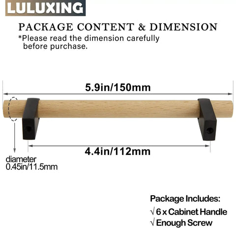 Six Pack Solid Wood Cabinet Handles And Pulls 4.4 Inch Center To Center T Bar Dresser Hardware for Furniture Dimensions