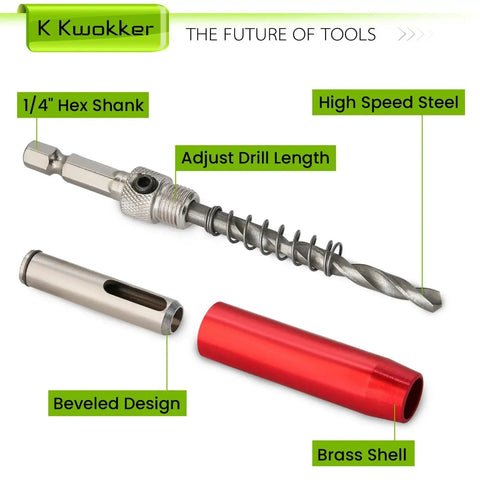 Self Centering Drill Bit Set For Hinges One Quarter Inch Hex Shank Vix Bit From Five Sixty Fourths Of An Inch To One Quarter Inch Pro Grade Durable For Metal Wood Aluminum Copper Stainless Steel Cabinets Doors Windows Kwokker displayed with components.