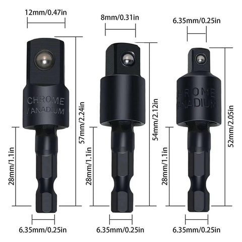 Close-up of chrome vanadium socket adapters from 17 Piece Flexible Drill Bit Extension Kit With 3 Rotatable Socket Adapters 2 Hex Shank 105 Degree Right Angle Attachments 10 Short Screwdriver Bits 90 Degree Angled Bits Bendable Extension Perfect For Pros And DIYers, showing dimensions and design.