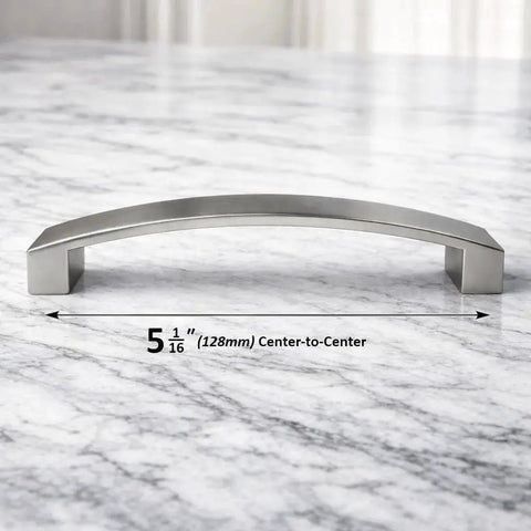 Curved Arch Cabinet Pulls Zinc Handle Bar 5.5 Inch Length With 5 Inch Center To Center Mounting Brushed Nickel Finish on marble surface