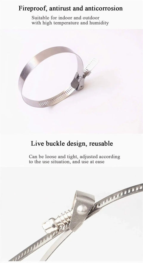 Close-up of Beefy Heavy Duty Half Inch By Twenty Four Inch Stainless Steel Hose Clamps with live buckle design