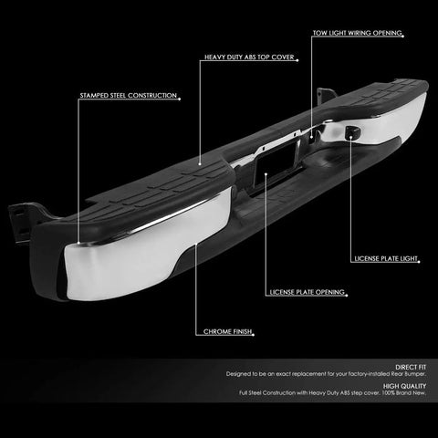 Rear Step Bumper With License Plate Lights For Silverado Sierra 99-06 1500, chrome finish, showing installation points