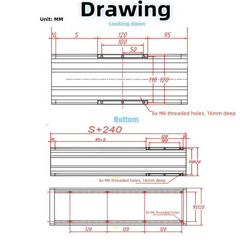 Technical drawing of Go-To Heavy Duty Linear Stage Table With Four Inch Stroke For CNC Motion, dimensions, and hole positions marked.