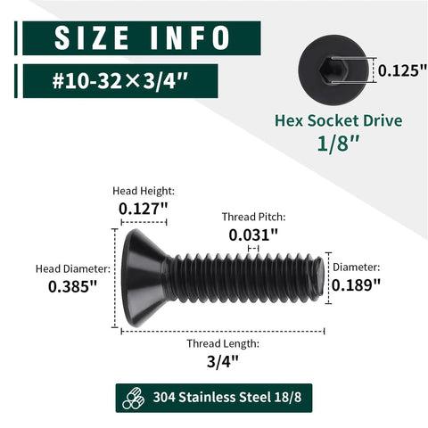 10-32 By 3/4 Inch Flat Head Socket Head Cap Screws Black Oxide Coated 304 Stainless Steel 18-8 Full Thread Coarse Hex Drive 1/8 Inch 50-Pc Set Tough-As-Nails Built For DIYers And Outdoor Use size details