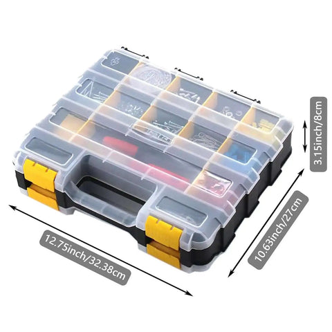 Double Sided 34 Compartment Hardware Organizer Box With Removable Dividers Transparent Durable Plastic Case For Nuts Bolts Screws Nails And Small Hardware Yellow, showing measurements and compartments.