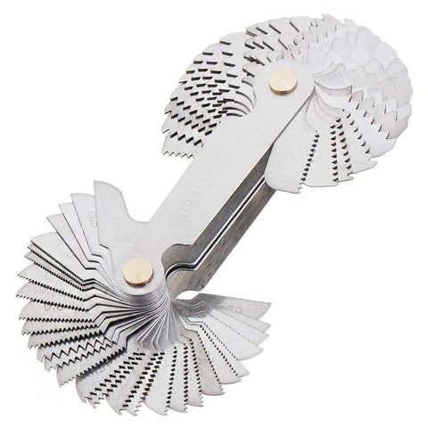 55 Degree And 60 Degree Screw Pitch Gauge With Locking Mechanism For Metric Imperial And US Threads Pro Grade Industrial Measurement Tool For Quick Size Checks Includes Multiple Pitch Sizes viewed from above, showcasing stainless steel blades.