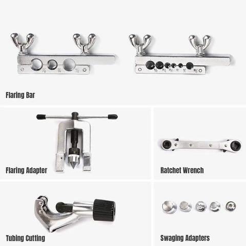 Single Flaring and Swaging Tool Kit for HVAC Tubing 45 Degree Cutter with flaring bars, adapter, wrench, cutters, and swage adapters.