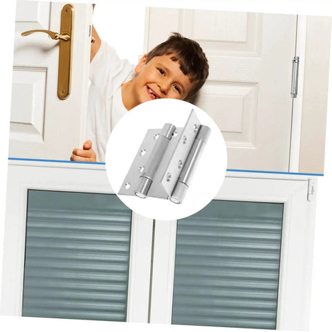 Heavy Duty Stainless Steel Spring Door Hinge For Garage Doors Double Surface High Load Capacity Self Closing Replacement For Damaged Hinges Easy Install Weather Resistant Durable For Home Or Commercial Use product image showing installed hinge on door with child visible