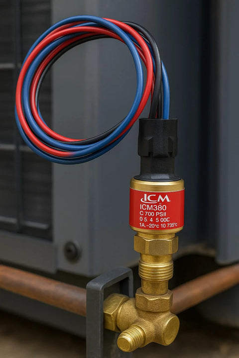 ICM 380 pressure transducer with brass fitting, red label, 3-wire blue/red/black cable for HVAC systems