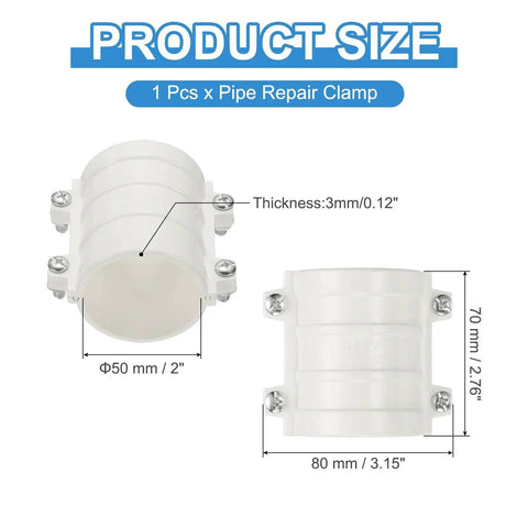 2 Inch Water Pipe Repair Clamp PVC Leak Sealer for 50 mm Pipes showing size and dimensions, lightweight durable white clamp